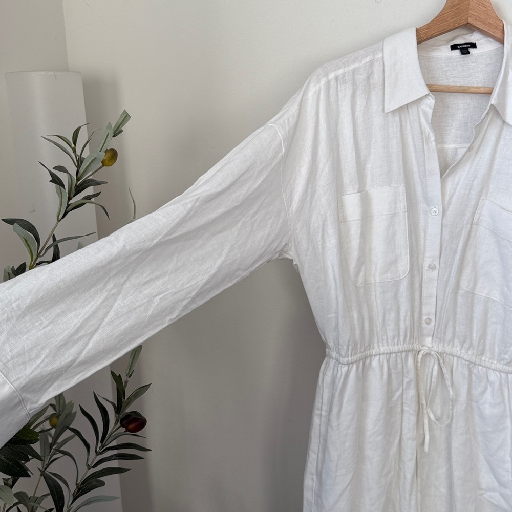 Express Linen Blend White Short Jumpsuit with Drawstring Waist Size L - Picture 4 of 9